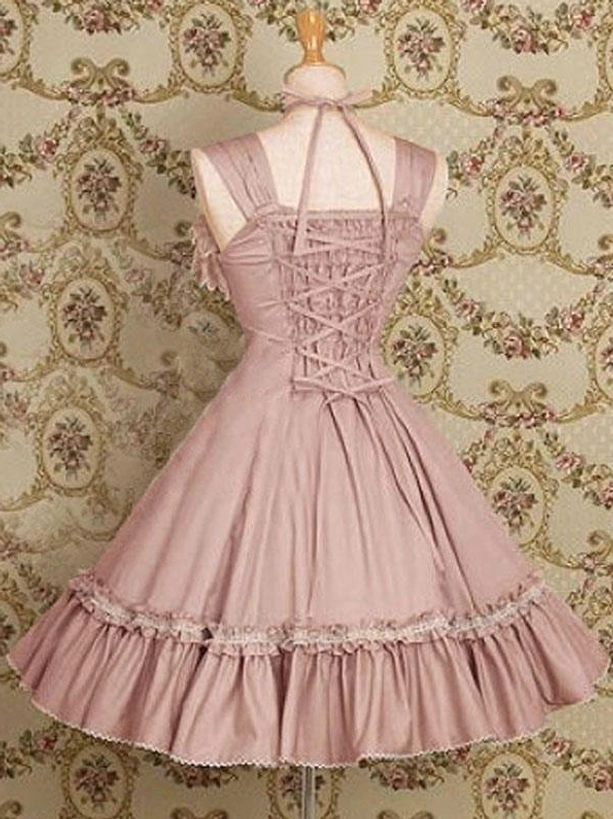 Pastel pink Classic Lolita JSK dress back view lace-up design halter tie straps flared ruffled hem lace