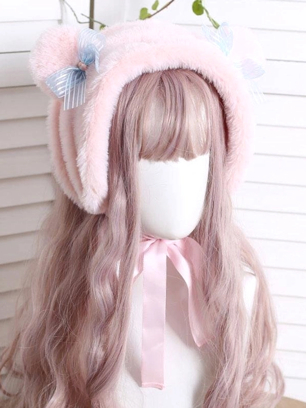 Pastel pink plush bear ear lolita hat bow accessory with light blue striped bows on mannequin with light purple wig - dreamy sweet lolita coordinated look