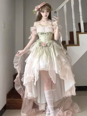 Pastoral green off-shoulder fairy lolita dress with ruffle sleeves, lace-up corset bodice, and high-low tulle skirt front view on model