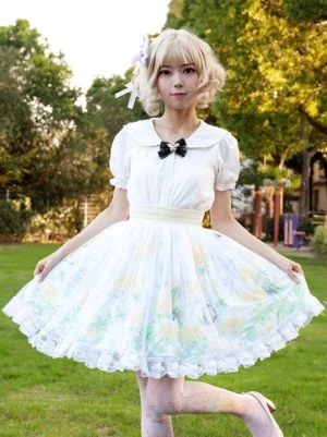 Pastoral lolita skirt floral print two-piece ensemble front full-body view outdoor park setting blonde model peter pan collar ruffled hem