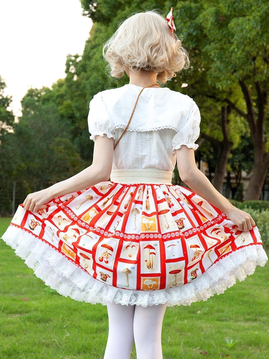 Red white Lolita skirt full back view worn with white tights outdoor park harajuku fashion style