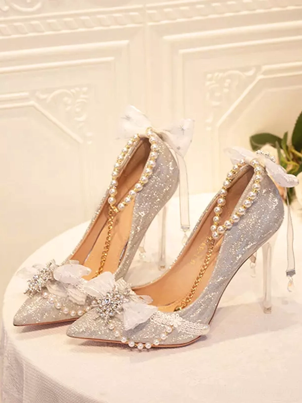 Pearl crystal glitter bridal stiletto pumps with blue tulle bow romantic wedding lolita heels detailed showcase