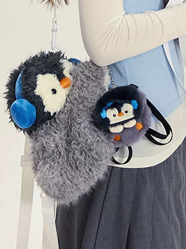 matching penguin plush bags set large crossbody bag and mini keychain companion bag back model view collection