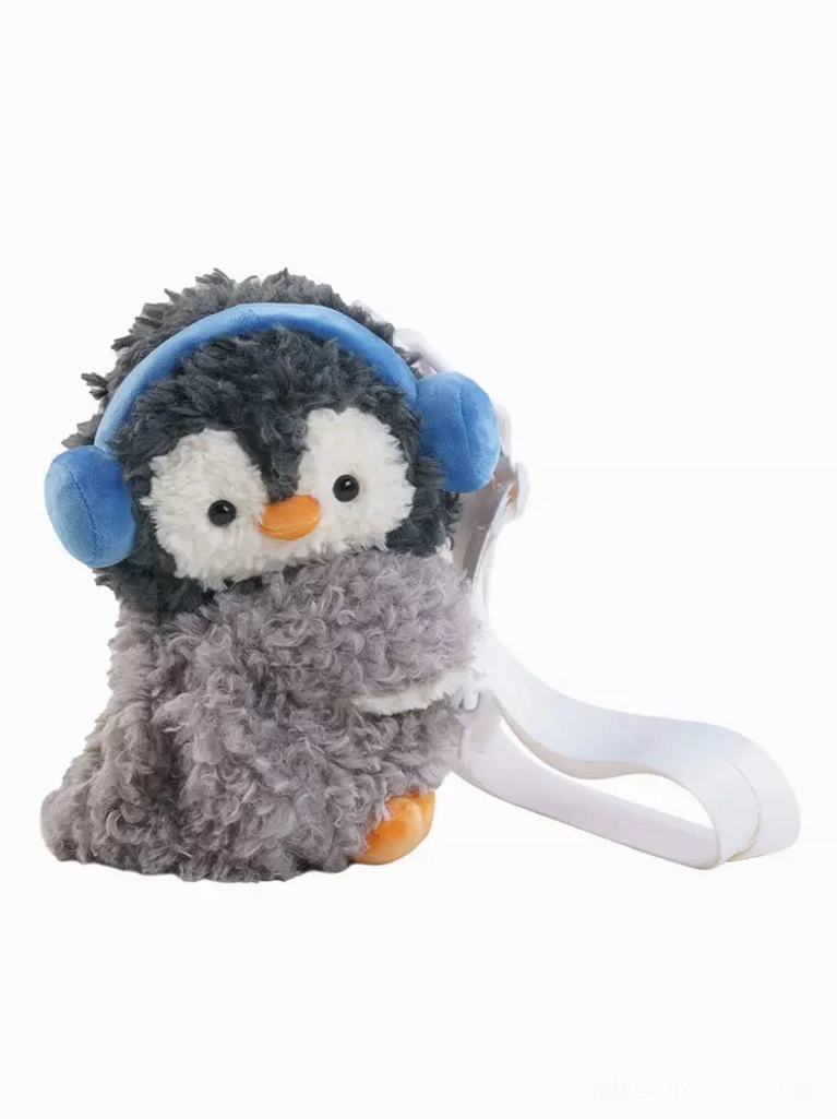 front close-up product photography penguin plush crossbody bag fluffy grey corduroy orange beak feet blue earmuffs white background