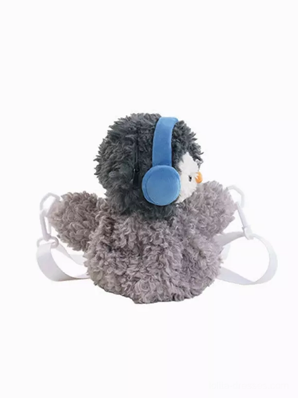 three-dimensional grey penguin plush bag product close-up white background fluffy texture blue earmuffs orange details kawaii