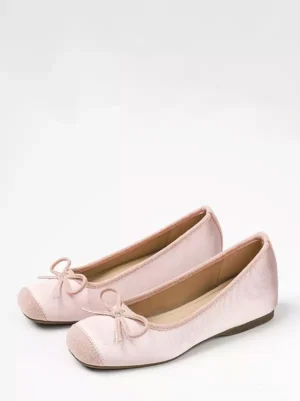 Pink ballet lolita footwear side view showing bow ornament and contrasting suede toe cap - classic wedge heel