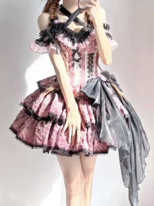 Gothic Lolita pink floral dress front mid-length view featuring girl with twin braids wearing ruffled off-shoulder sleeves and black lace-up corset bodice detail