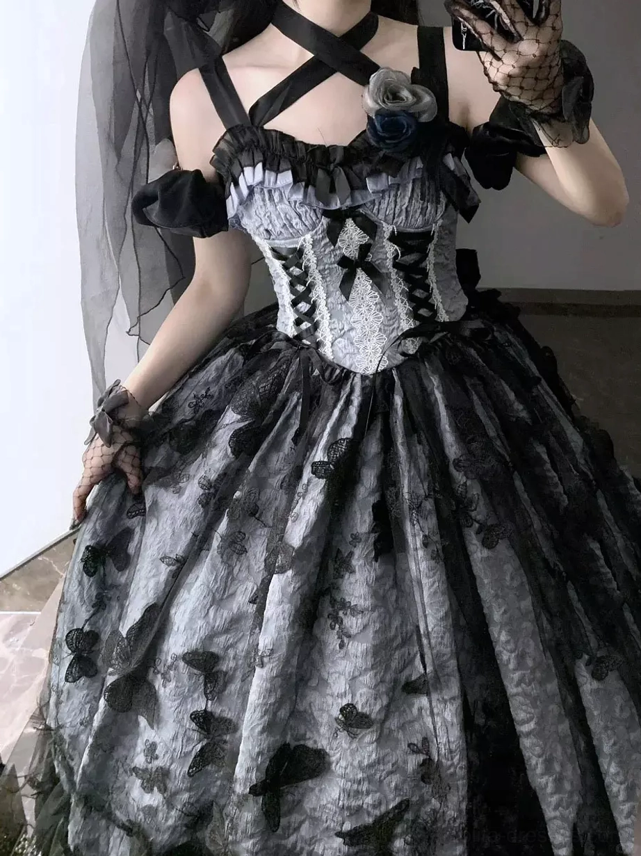 Full product shot of pink and black gothic Lolita JSK ball gown displayed to showcase complete silhouette and design features