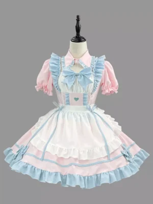 Pink and blue sweet maid Lolita dress with ruffled trims and heart embroidery front view on mannequin