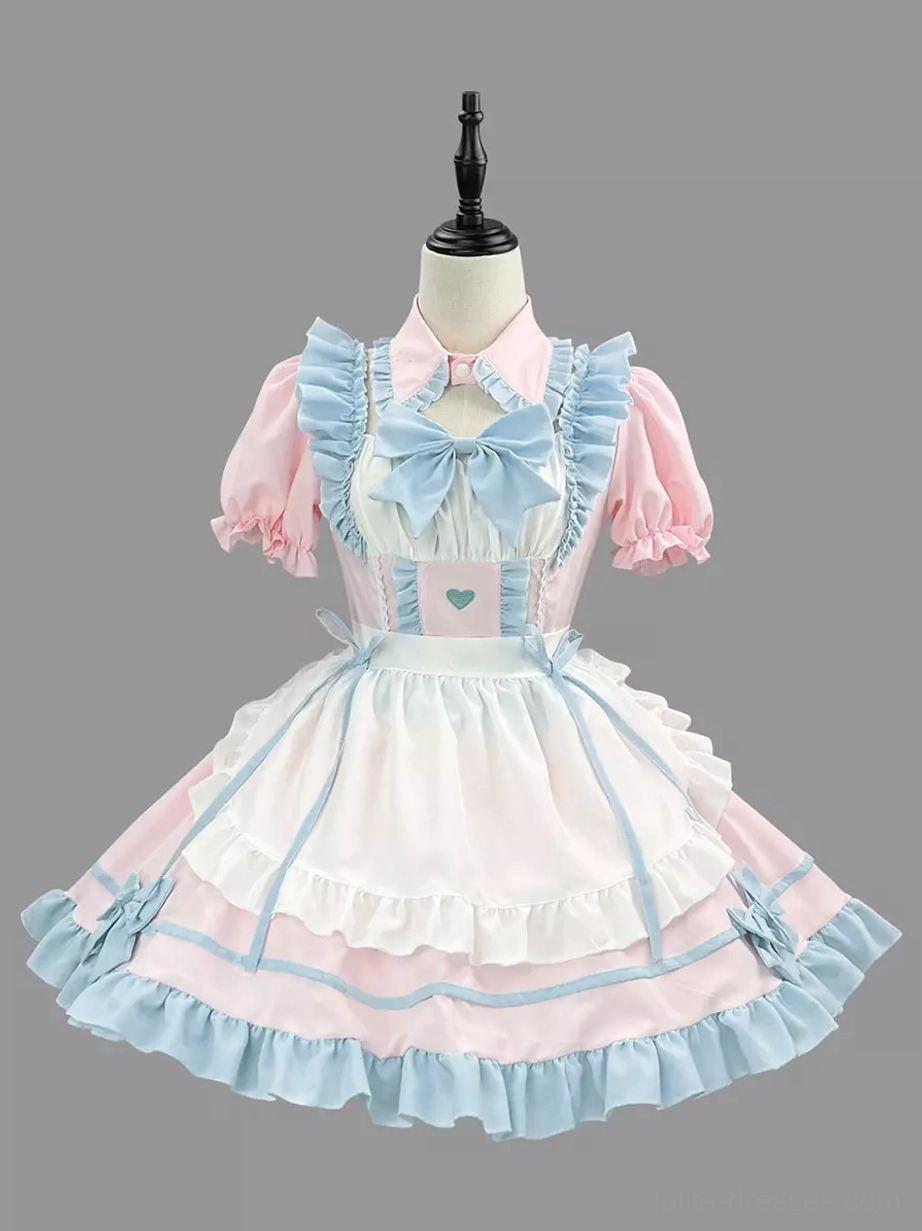 Pink and blue sweet maid Lolita dress with ruffled trims and heart embroidery front view on mannequin