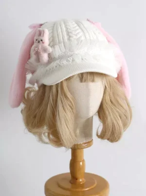 Pink bunny ear knit beret lolita headband three-quarter front angle white knit texture fuzzy pink bunny ears frilled lace pink plush rabbit ornament