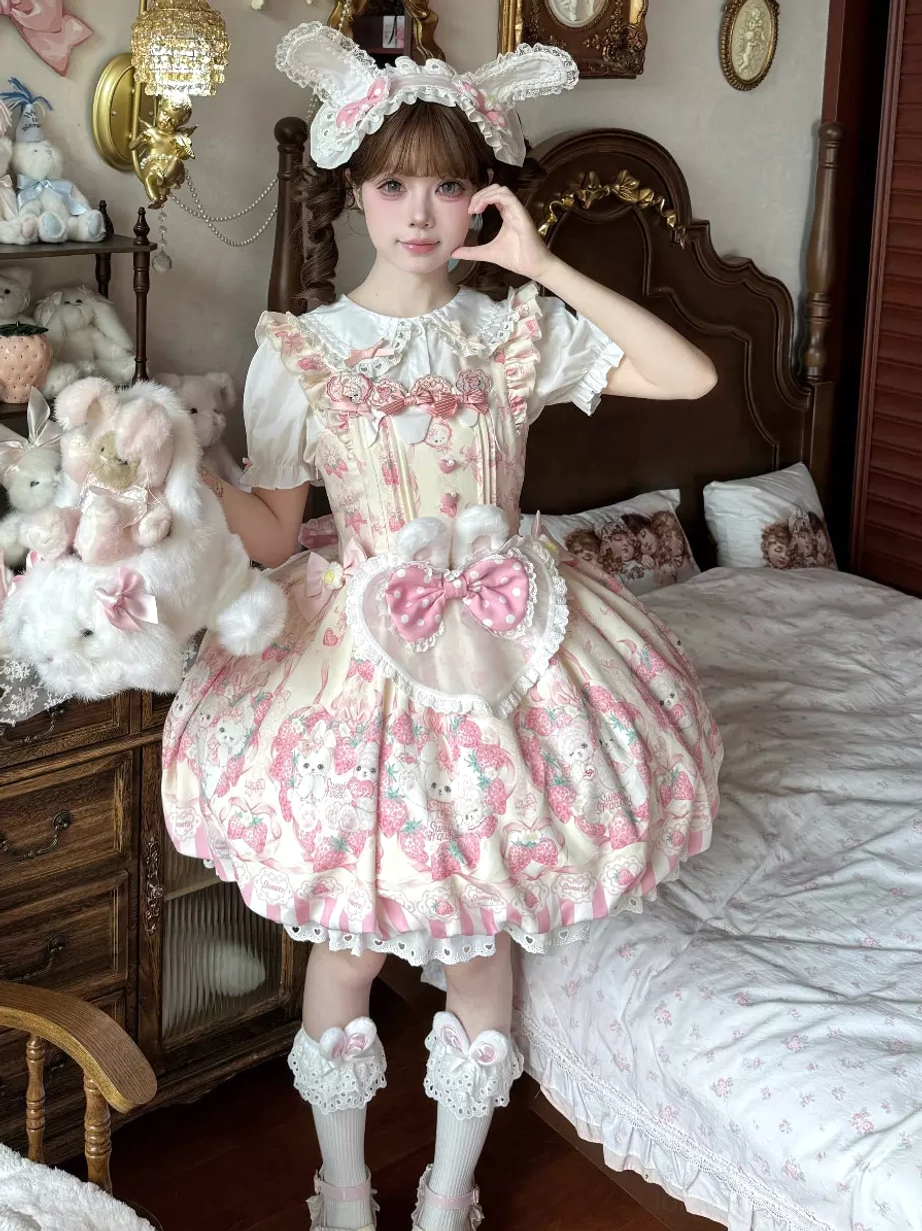 Pink bunny print sweet lolita dress full front view with matching twin-tail hair bows featuring daisy decorations, doll collar blouse, sleeveless puff skirt with lace trim, cute bunny aesthetic vintage bedroom styling