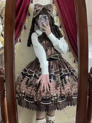 Pink sweet lolita overall dress with carousel print and matching bow featured in mirror selfie wearing lace skirt and vintage curtain backdrop