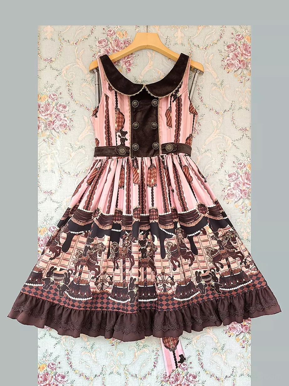 Pink carousel sweet lolita jumper dress sleeveless Peter Pan collar style front showcase detail view