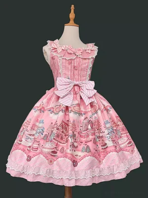 Pink Sweet Lolita sleeveless JSK dress with solid waist bow and ruffled lace hem detail