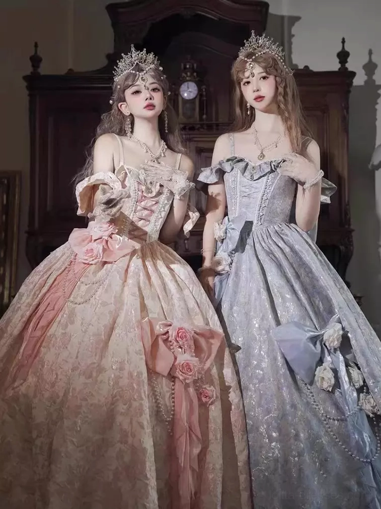 Pink Classic Lolita ball gown off-shoulder design front full view with ruffled neckline lace-up corset and voluminous skirt two models wearing crowns