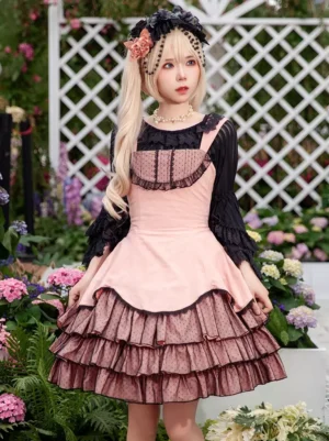 Pink classical lolita sleeveless dress with black lace trim front view outdoor flower garden model wearing complete coordinate