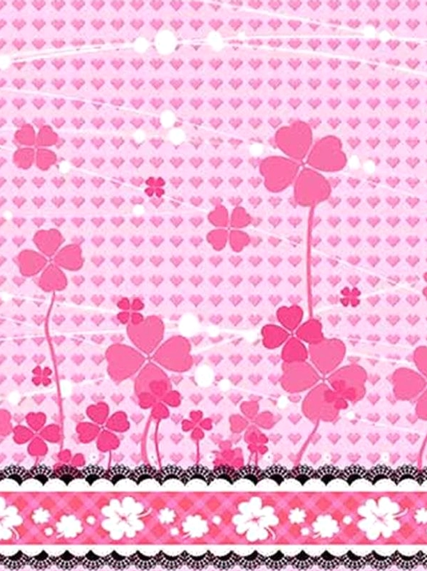 Flat lay close-up of pink clover pattern fabric print with heart grid base design, decorative white floral print lace border showing high-definition printing quality