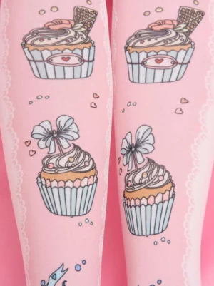Close-up detail of pink Lolita socks showing cupcake with bow prints lace trim and decorative hearts dots accents