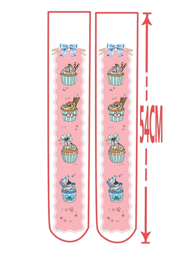 Pink cupcake Lolita socks product specification flat lay showing 54cm length bowknot top and full design layout