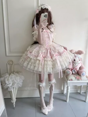 Pink fairy ballet lolita JSK dress back view with layered tulle skirt matching hair headpiece furry leg cuffs