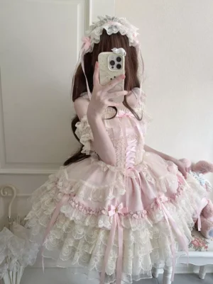 Pink fairy ballet lolita sleeveless JSK dress with lace-up corset front tiered tulle skirt ribbon bows front view