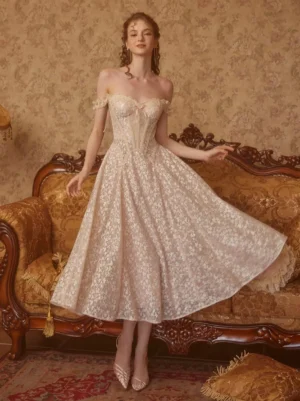 Sweet lolita fairy dress with off-shoulder design and flared midi skirt - three-quarter front angle showing silhouette