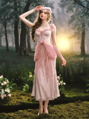 Side angle view of enchanted pink fairy lolita dress showing structured corset top and flowing tulle waist detail, forest background