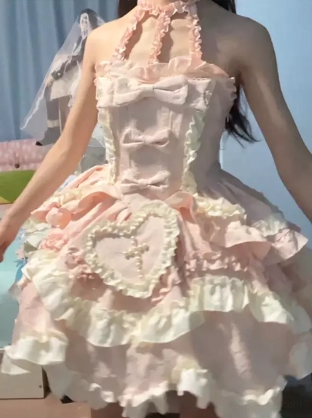 Pink fairy lolita dress halter neckline ruffled train romantic sweet lolita style sleeveless beautiful silhouette