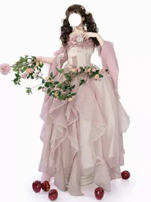 Pink gradient fairy lolita gown with flutter sleeves and floral waist decoration, side angle showcasing layered skirt volume and silhouette