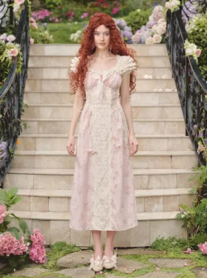 Pink fairy garden lolita midi dress front full-body view showing puff cap sleeves and square neckline with bow on model in garden setting