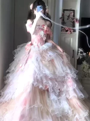 pink rococo fairy lolita ball gown off-shoulder layered ruffles tulle front view mirror selfie