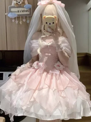 Pink sweet Lolita dress with organza tiered skirt and matching bow front mirror selfie view romantic wedding-style aesthetic