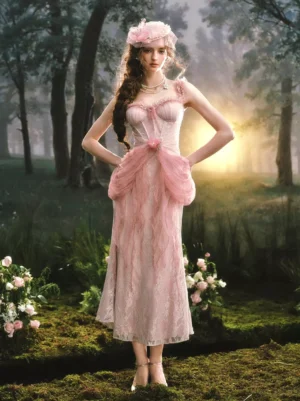 Pink fairy lolita midi dress with spaghetti straps and corset bodice worn by model in forest with flowers, front full-body view