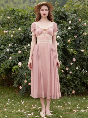 Enchanted rose pink fairy lolita midi dress full body front view outdoor garden setting v-neck lace trim puff sleeves empire waist chiffon