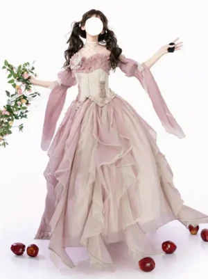Pink fairy lolita off-shoulder princess dress with lace-up corset bodice and layered ruffled tulle skirt, front three-quarter view on model with twin curls