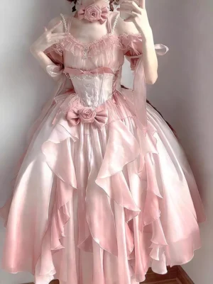 Pink off-shoulder fairy lolita wedding dress with floral lace-up corset and pearl details front view