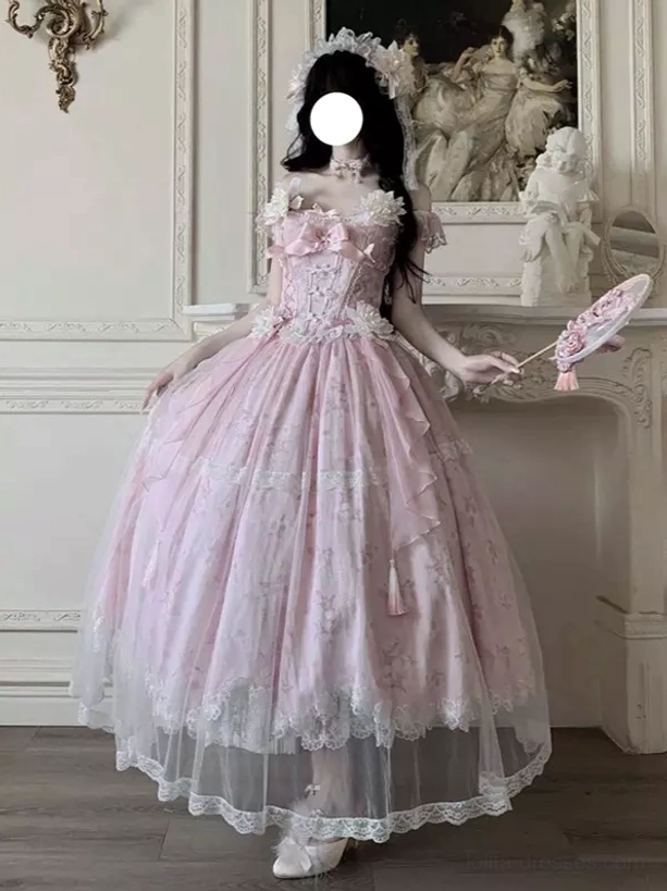 Pink off-the-shoulder floral lolita princess gown on female model wearing flower hair accessory with lollipop prop, vintage art studio aesthetic, full body view