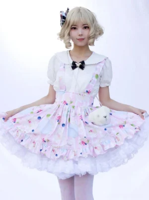 Pink floral lolita skirt full body straight front view studio background with white petticoat and black bow brooch