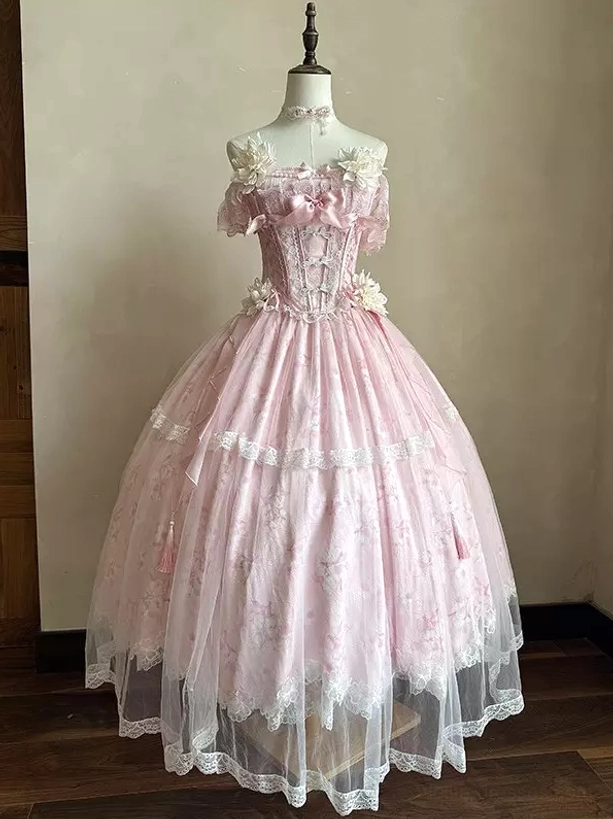 Romance pink off-shoulder floral sweet lolita ball gown with lace-trimmed skirt and floral bust decorations, printed floral tulle fabric, minimalist indoor wall background