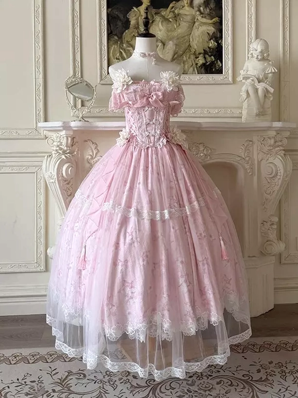 Romance pink off-shoulder floral sweet lolita ball gown with lace skirt hem, ruffled off-shoulder straps, and tiered printed floral tulle, European vintage fireplace setting