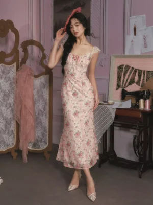 Pink floral sweet lolita fairy dress full front view with square neck lace ruffles ruched bust bodycon silhouette