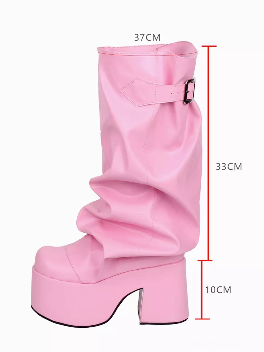 Pink platform Gothic Lolita boot single view with size measurement labels showing height specifications and thick platform heel construction