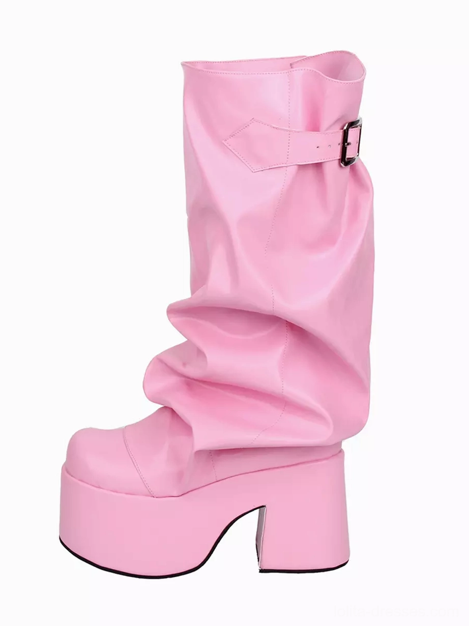 Single pink slouchy Gothic Lolita platform boot side three-quarter view displaying adjustable ankle buckle chunky block heel and ruched shaft detail