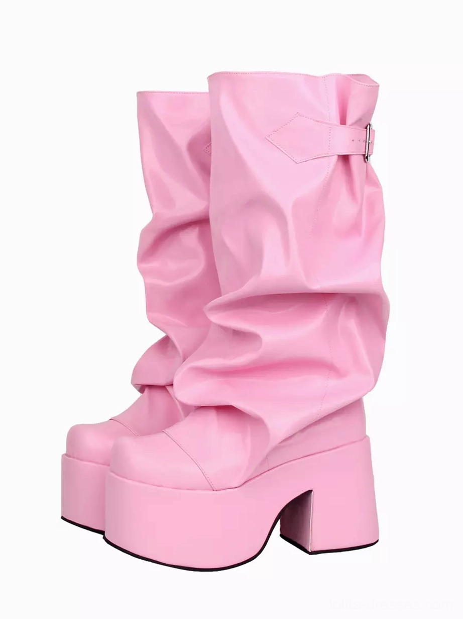 Pink Gothic Lolita platform boots three-quarter side view showing ruched shaft and adjustable ankle buckle strap with thick wedge heel
