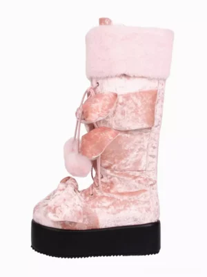 Right side three-quarter view of single pink lolita platform knee-high boot with lace-up closure, pom-pom pendant, black platform sole detail, gothic lolita footwear
