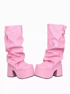 Pair of pink platform mid-calf Gothic Lolita boots front three-quarter view featuring round closed toe high glossy finish