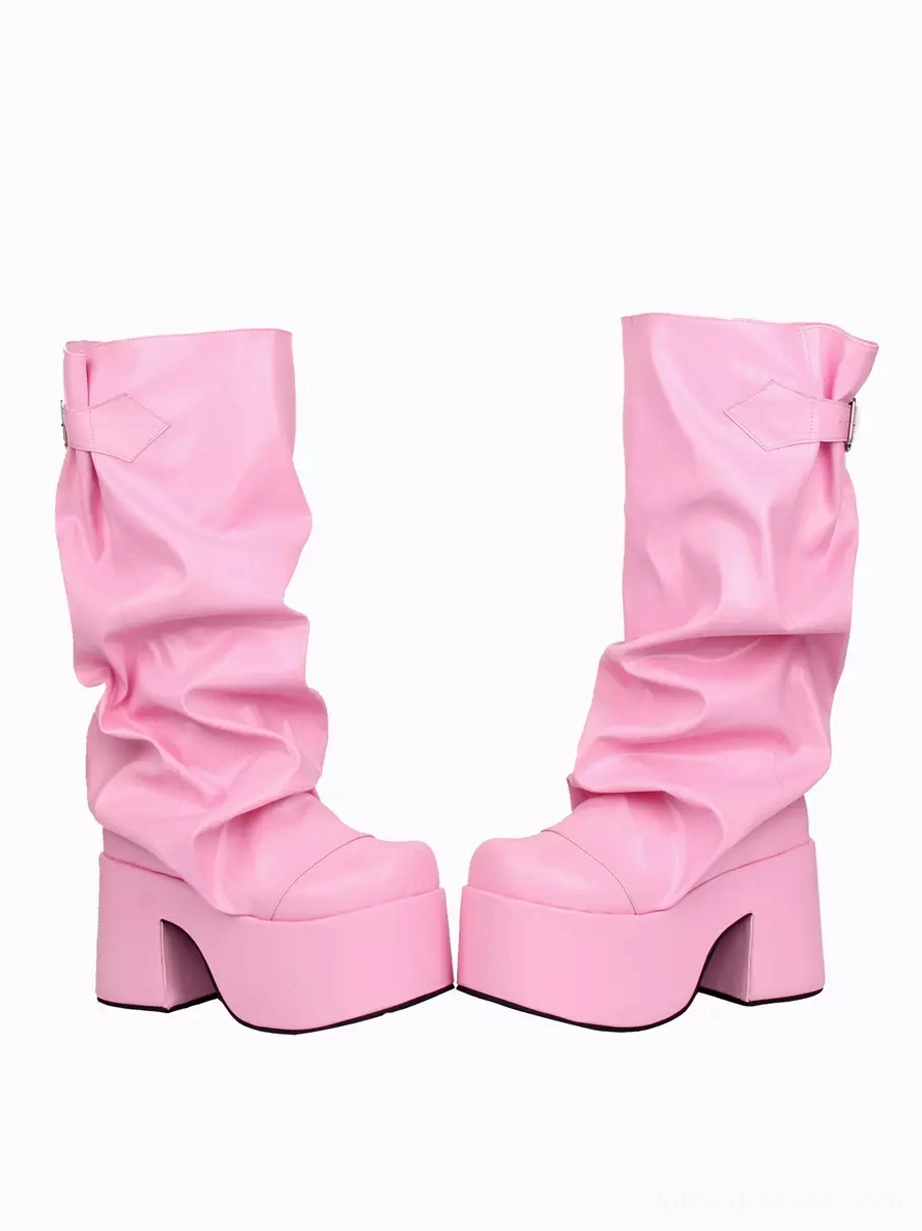 Pair of pink platform mid-calf Gothic Lolita boots front three-quarter view featuring round closed toe high glossy finish