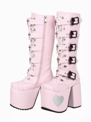 Pink Gothic Lolita platform boots front view with silver heart appliqué on thick wedge heel and side zipper closure