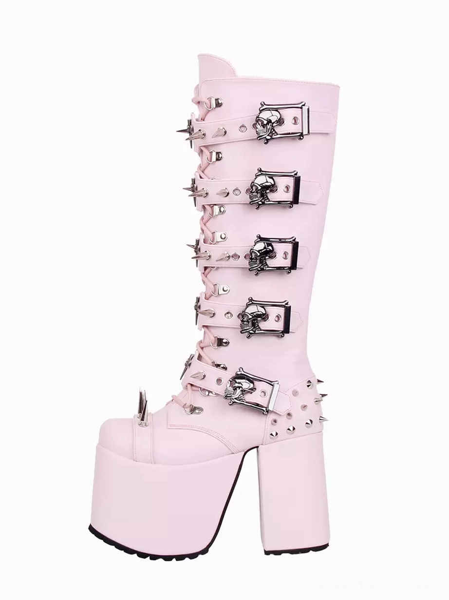 Single pink gothic punk knee high boot right side profile chunky heel metal buckles spike studs decorative hardware